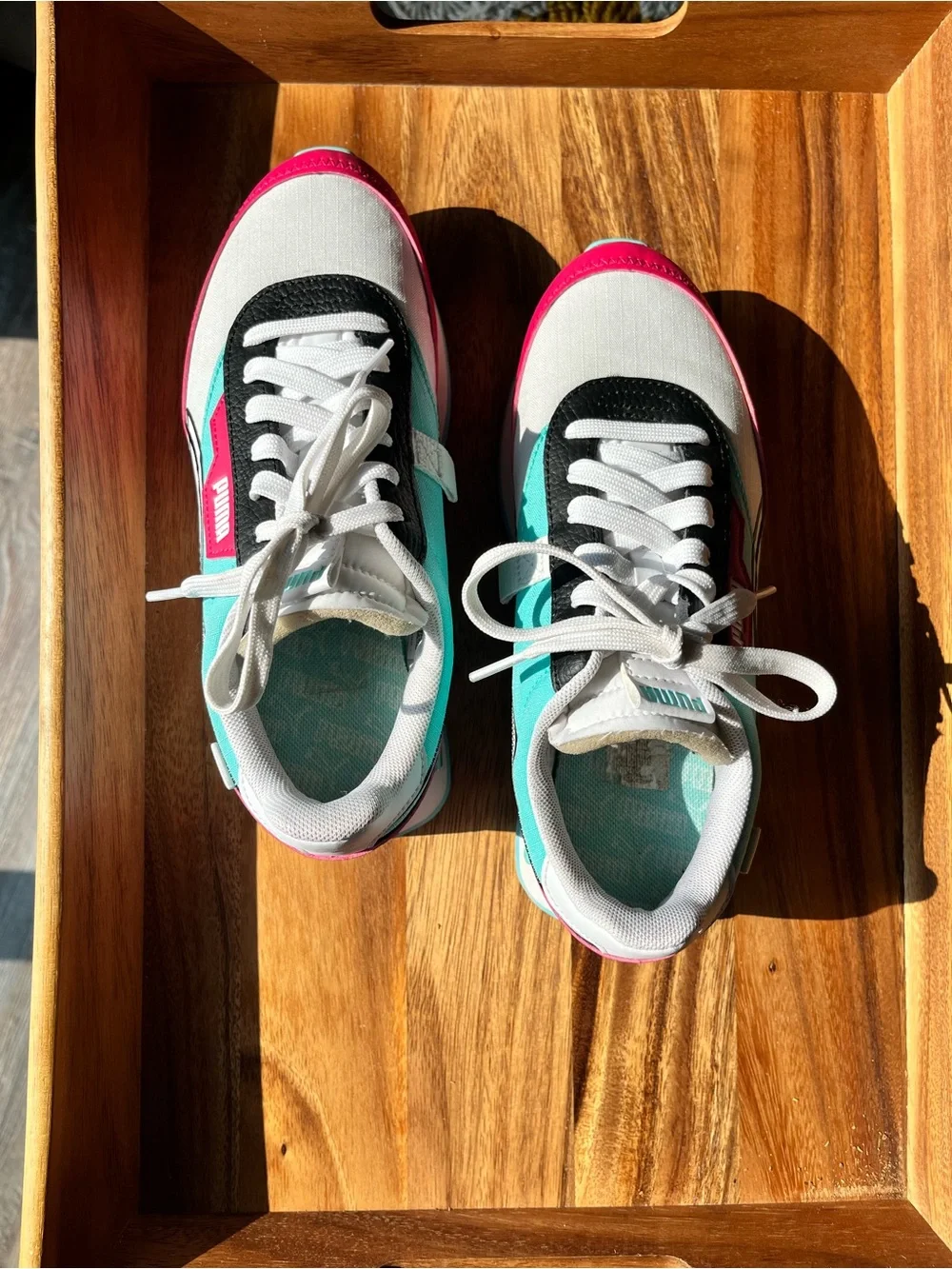 Puma Kids White Sneakers with Pink, Teal & Black Accents